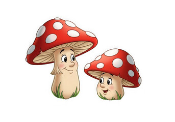 Cute cartoon fly agaric mushrooms with friendly faces for children's designs isolated on transparent background
