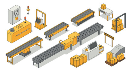 Obraz premium Isometric factory conveyor system with automated packaging and control units