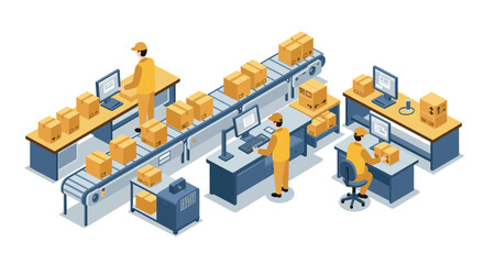 Isometric warehouse automation with conveyor systems and workers