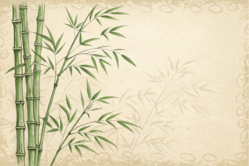 Obraz premium A green bamboo illustration on a vintage paper texture. This traditional chinese vector background is an asian, zen, and natural art design with copy space.