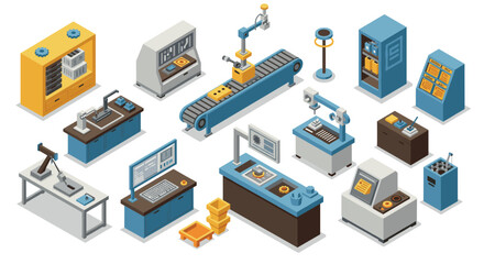Obraz premium Isometric robotics and automation equipment in a modern factory setting
