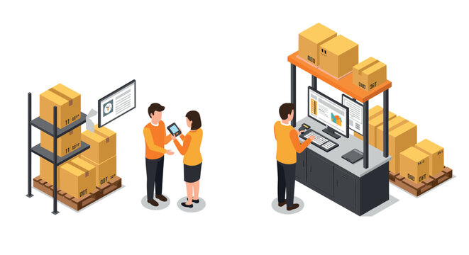 Isometric warehouse management scene with inventory control and staff interaction