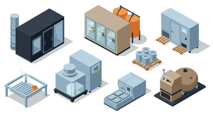 Obraz premium Isometric set of industrial equipment for modern manufacturing facilities
