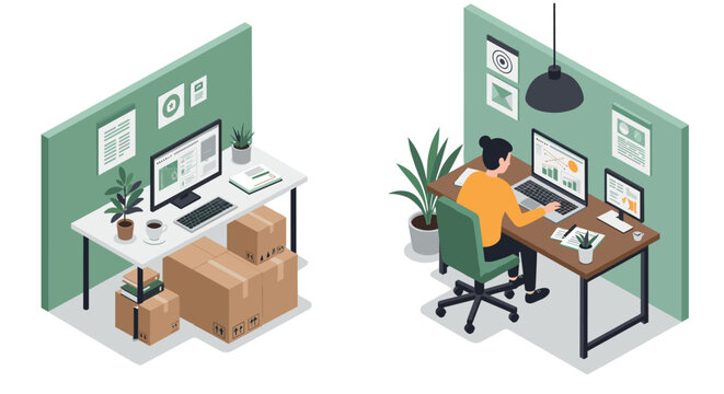 Home office setup with isometric design featuring remote work and online business essentials