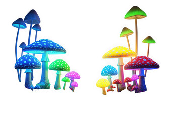 Vibrant bioluminescent mushrooms glow with mystical colors in enchanting forest scene isolated on transparent background