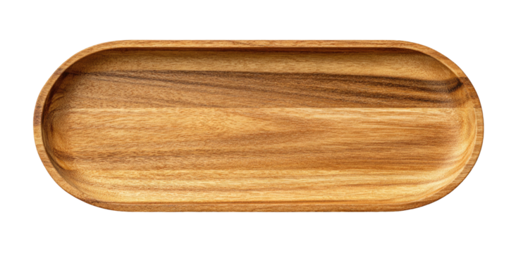 Oval wooden tray with natural grain pattern, isolated on black