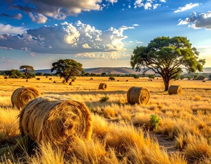 Sunny landscape, hay bales scattered across a golden field, trees