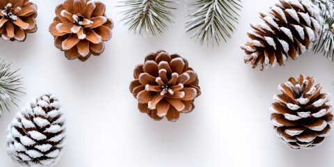 Fototapeta premium Pine cones and fir branches with snow creating winter background