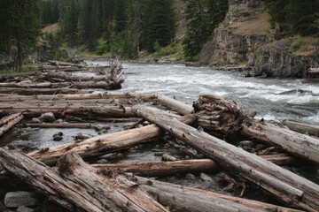 Weathered Logs in Logjam on Lewis River: A Historic Adventure Landscape in Yellowstone National Park