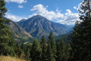 Fototapeta premium Winthrop: Scenic Cascade Valley Surrounded by Evergreens and Majestic Mountains - A Serene Hiking and Skiing Paradise