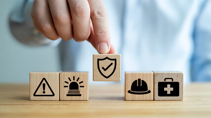 Hand placing a shield icon block on a wooden table with safety icons