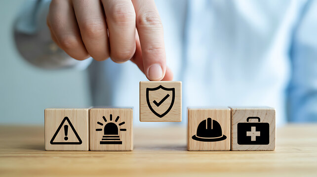 Hand placing a shield icon block on a wooden table with safety icons