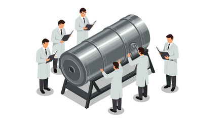 Scientists analyzing large metal cylinder in isometric design concept
