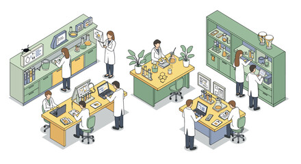 Isometric science lab with researchers conducting experiments and analyzing data