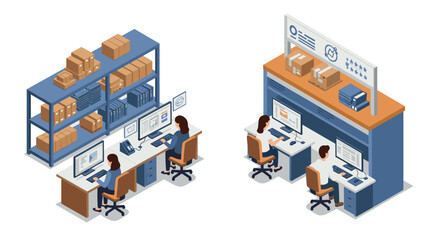 Obraz premium Isometric office workers with computers in warehouse and shipping environment