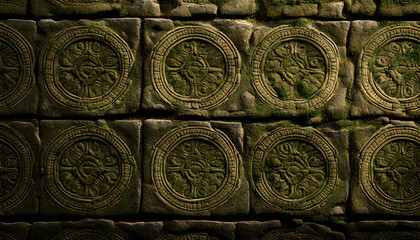 A wall with a pattern of green moss and stone circles
