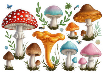 Magical mushroom variety displaying diverse colors shapes and sizes on dark backdrop isolated on transparent background
