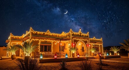Illuminated Moroccan-style building under a starry night sky with a crescent moon, creating a magical atmosphere.