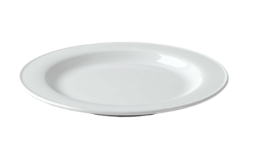 A clean, white ceramic dinner plate on a black background