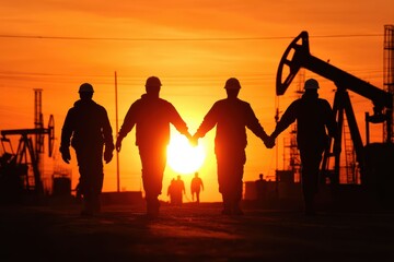 The silhouette of oil rigs and workers reflects energy demand and human effort. The scene represents resource extraction shaping the modern world.