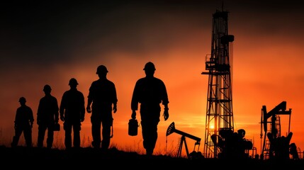 The silhouette of oil rigs and workers reflects energy demand and human effort. The scene represents resource extraction shaping the modern world.
