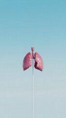 Anatomical model of human lungs suspended against a clear blue sky