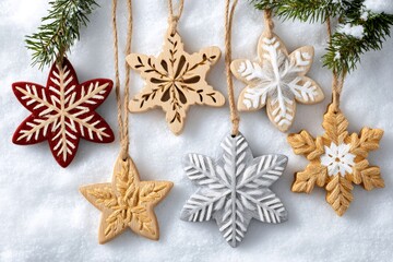 Fototapeta premium Handmade wooden christmas ornaments hanging on snowy pine branch