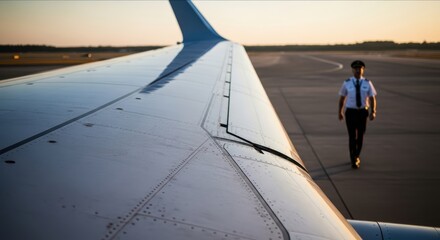Airplane wing close up view during an airport runway approach