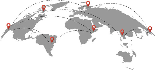 Flat vector world map with red location pins and dashed travel routes. Global connection and logistics network illustration in minimal gray design.