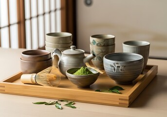 A traditional japanese tea ceremony set with matcha powder and various ceramic bowls on a wooden tray
