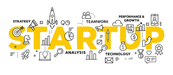 Illustration of business startup word lettering typography with line icons, tag cloud on white background. Startup technology concept.