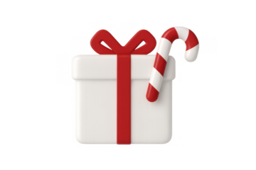 White gift box with red ribbon and candy cane enjoying holiday celebration on transparent background