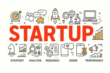 Illustration of business startup word lettering typography with line icons, tag cloud on white background. Startup technology concept.