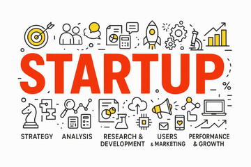 Illustration of business startup word lettering typography with line icons, tag cloud on white background. Startup technology concept.