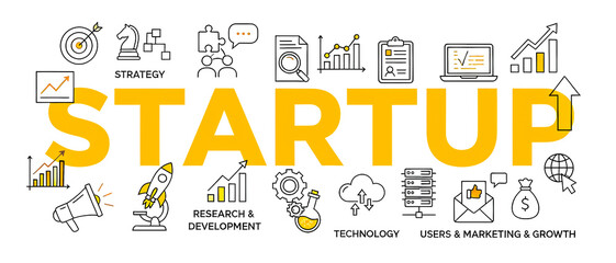 Illustration of business startup word lettering typography with line icons, tag cloud on white background. Startup technology concept.