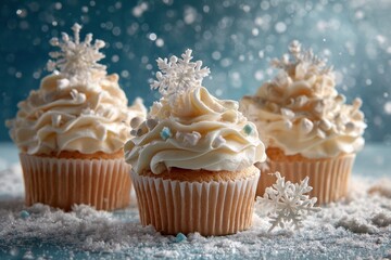 Three festive cupcakes topped with creamy white frosting and decorative snowflakes, surrounded by falling snow and a sparkling winter background