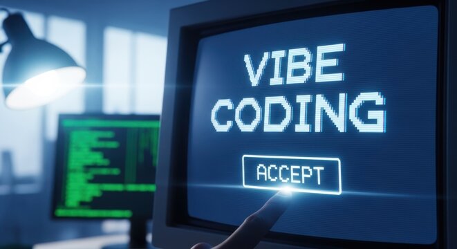 Vibe coding glowing text and accept button on a computer screen technology - Powered by Adobe