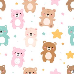 Naklejka premium Colorful seamless pattern featuring assorted cartoon bears and stars