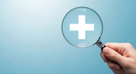 Magnifying glass reveals glowing white plus symbol on subtle blue background
