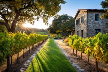 Fototapeta premium Vineyards and stone house at golden sunset