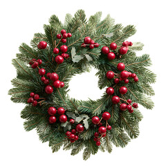 Festive christmas wreath with red berries and green pine branches