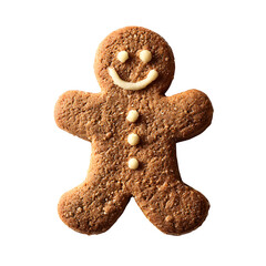 Smiling gingerbread man cookie with icing details on a dark