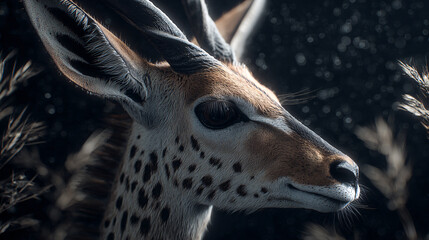 Thomson's gazelle head close-up in savanna at night, intricate details visible