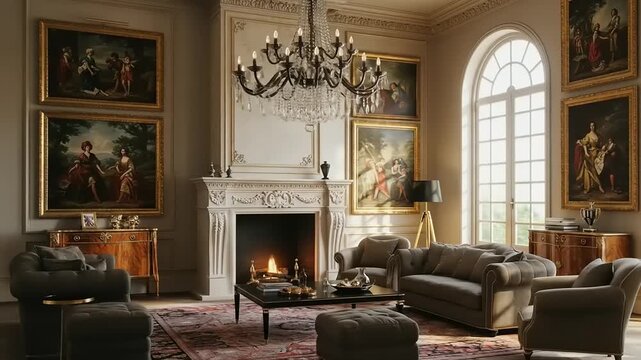 Elegant living room with classic decor, chandelier, and fireplace, showcasing historical paintings