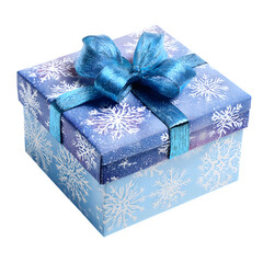Blue christmas gift box with snowflakes and ribbon against a