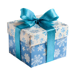 Beautifully wrapped gift box with blue ribbon and snowflake pattern