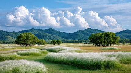 Expansive Rolling Highland Grasslands Under a Vast Blue Sky With Fluffy White Clouds And Scattered Green Trees Providing Shade Over White Wildflowers In Sunlight