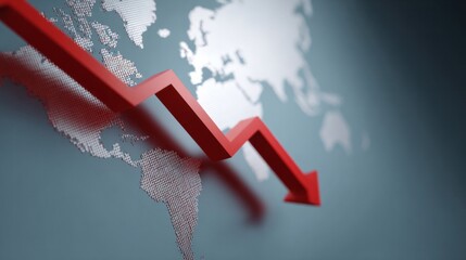 Red arrow plummeting over world map, symbolizing global financial turbulence, connected to Black Monday and economic recession reflections