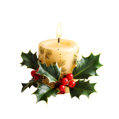Festive christmas candle with holly berries and leaves