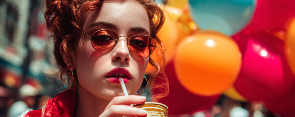 Redhead woman celebrating a summer festival, drinking from a can with a straw
